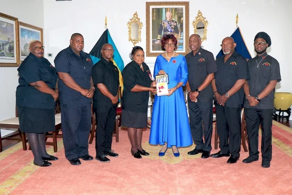 Pictured from left: Harriet Hart (Jr. Volunteer Officer), Valentino Griffin (Jr. Volunteer Officer), Jeffrey Pinder (Senior Volunteer Officer), Adina Munroe-Charlow (Chairman), H.E. Governor General Dame Cynthia Pratt, Franklyn Brown (Senior Volunteer Officer), Derek Neymour (Senior Volunteer Officer), and Charles Hepburn, II (Jr. Volunteer Officer).